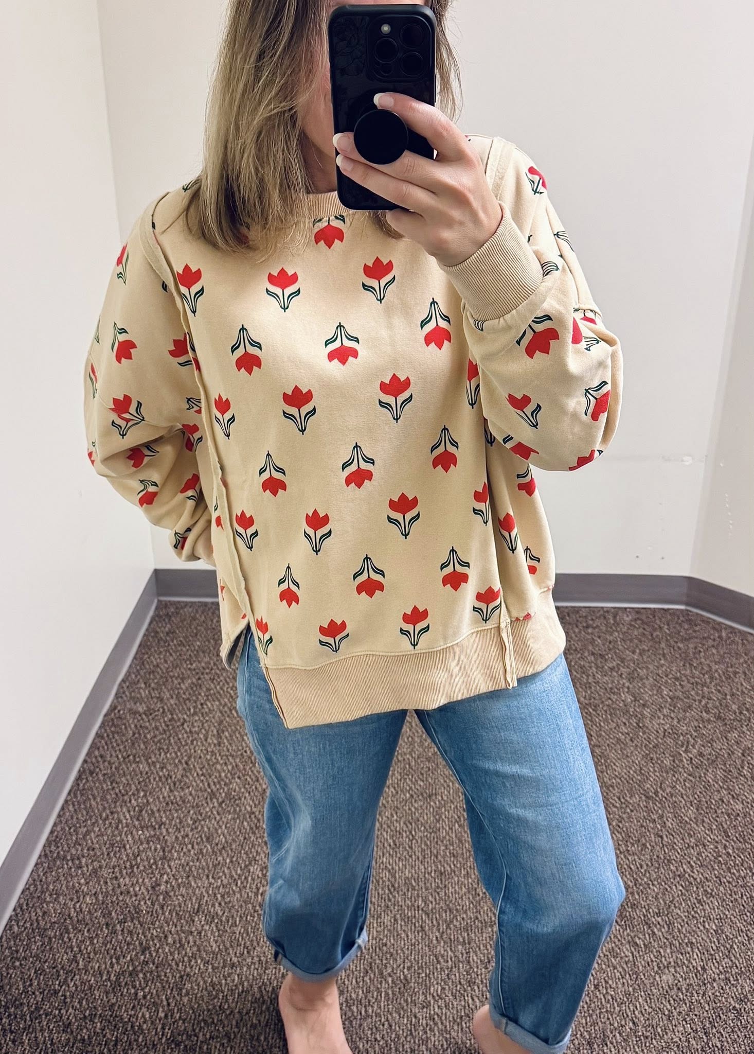 Washed Retro Tulip Thermal Pullover - Natural & Risen High Rise Crop Mild Barrel Jeans