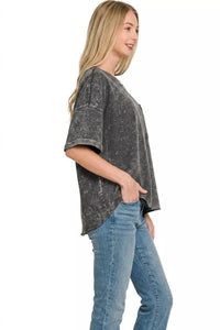 Zenana French Terry Acid Washed Raw Edge Tee