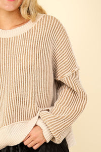 Two Tone Exposed Seam Cropped Striped Sweater