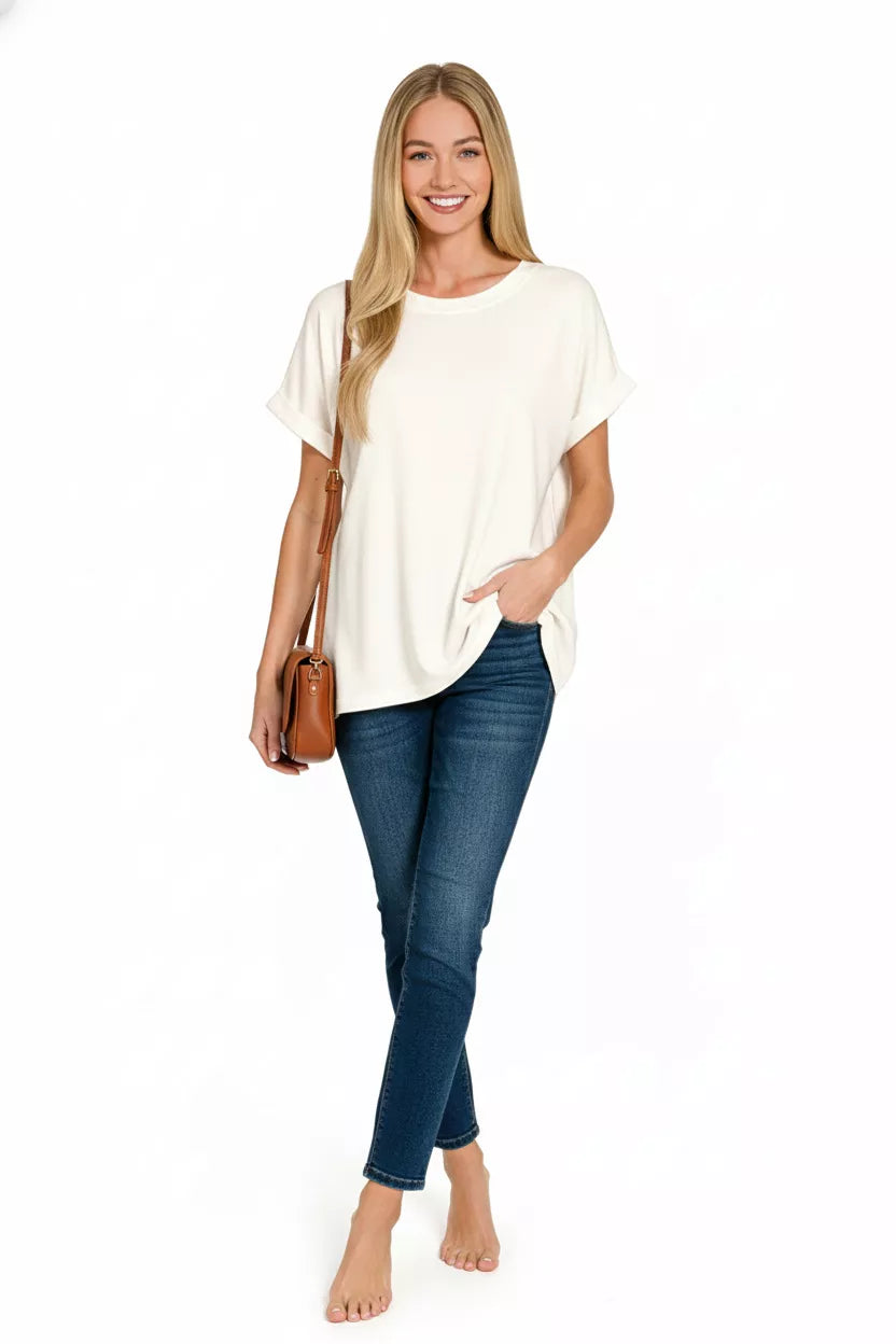 Soft Melange Hacci Short Sleeve Round Neck Top in Ivory