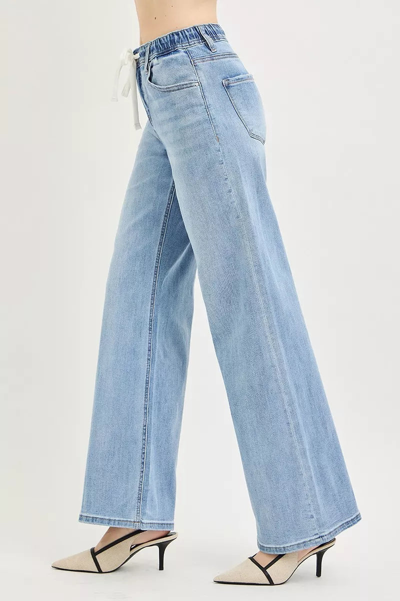 Risen High Rise Slouchy Wide Leg Jeans with Drawstring PW21423