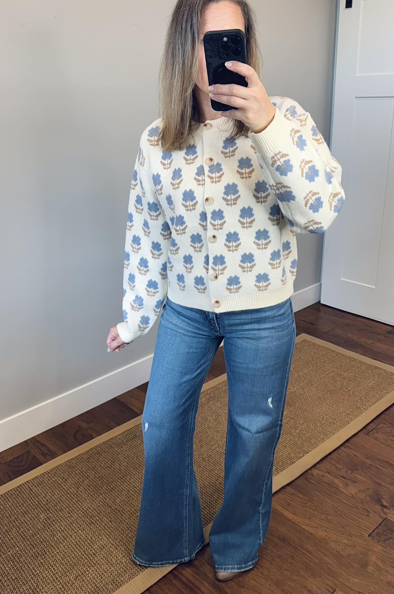 Floral Button Up Cardigan and Risen High Rise Tummy Control Wide Leg Jeans