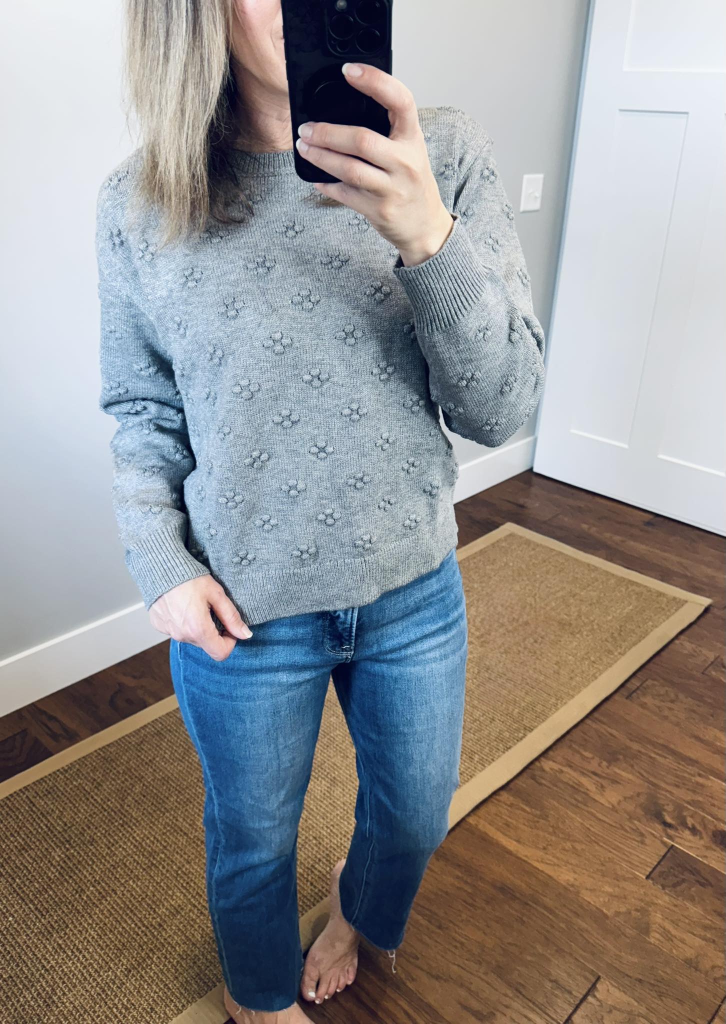 Wishlist Gray Bobble Knit Sweater and Risen High Rise Tummy Control Crop Straight Jeans