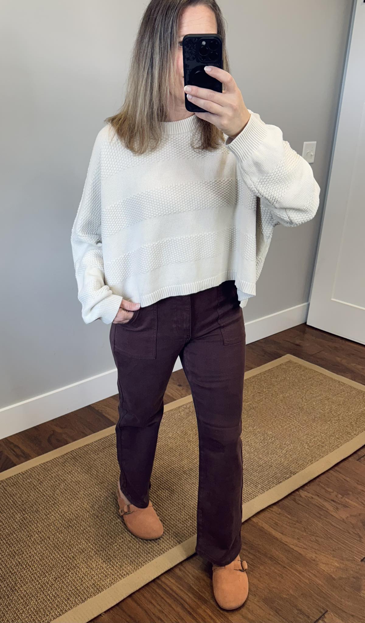 Risen High Rise Ankle Flare Patch Pocket Jean and Romie Textured Pullover Sweater