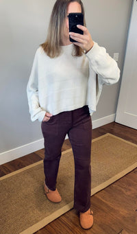 Risen High Rise Ankle Flare Patch Pocket Jean and Romie Textured Pullover Sweater