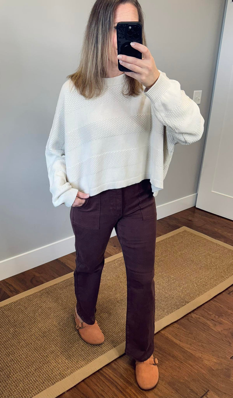 Risen High Rise Ankle Flare Patch Pocket Jean and Romie Textured Pullover Sweater