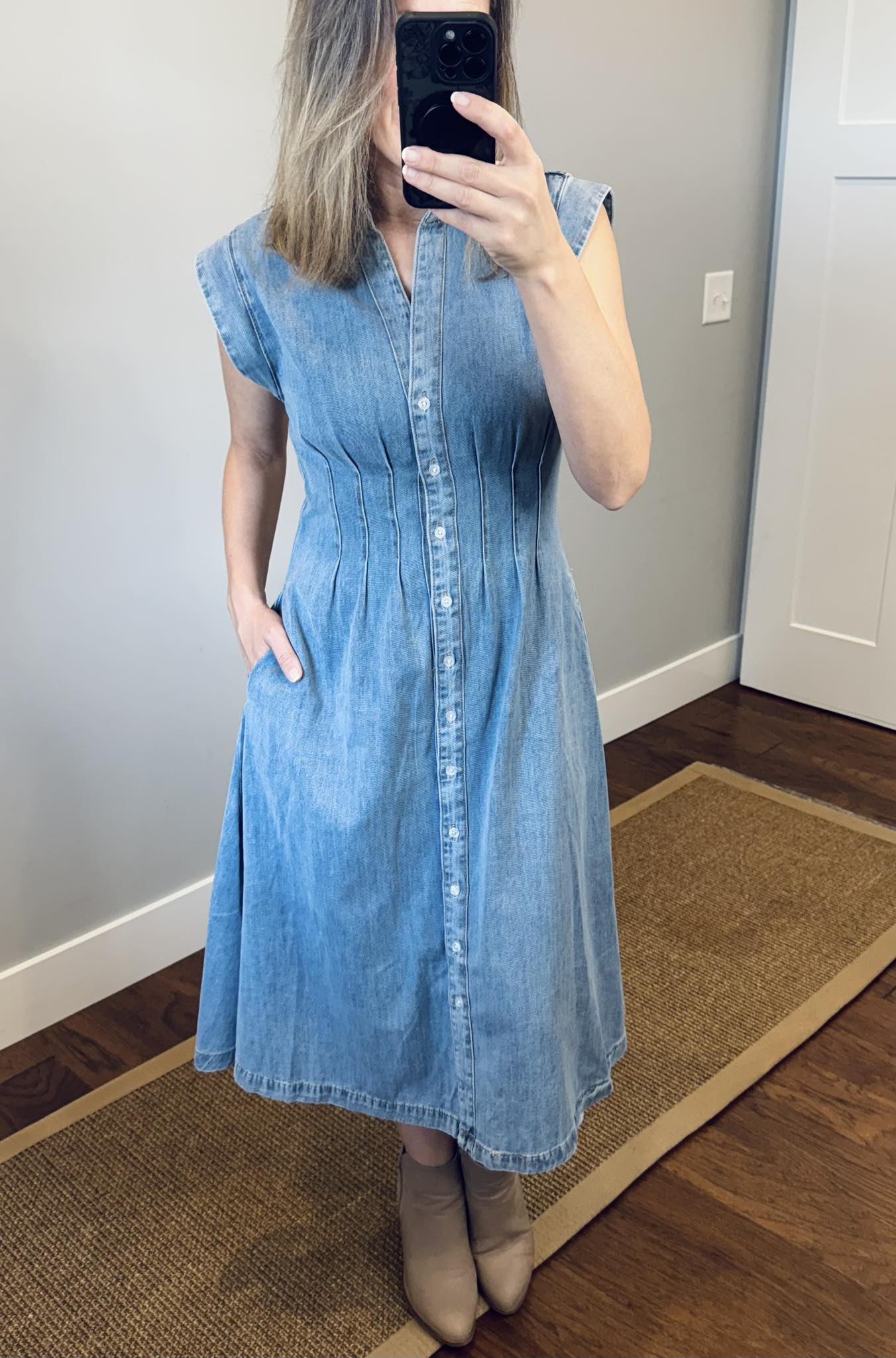 Button Up Denim Midi Dress