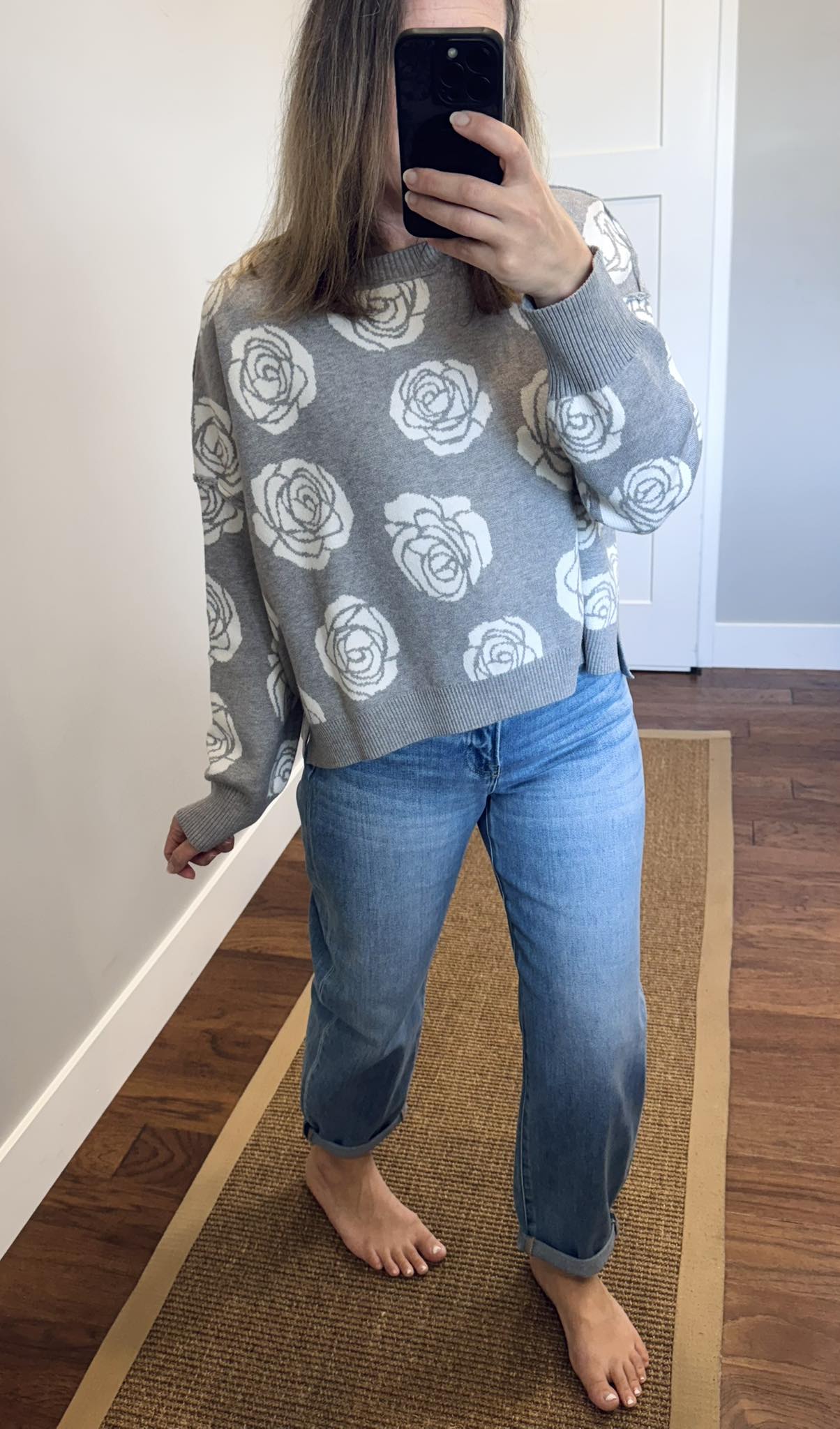 Risen High Rise Crop Mild Barrel Jeans and Gray Floral Jacquard Sweater