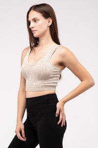 Mineral Wash Ribbed Cropped V-Neck Tank Top