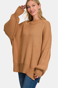 Slouchy Side Slit Oversized Sweater - Deep Camel