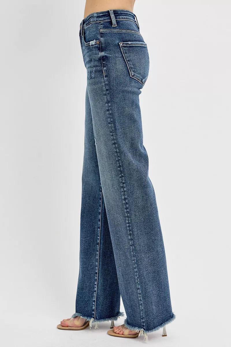 Risen High Rise Dark Wash Long Straight Jeans