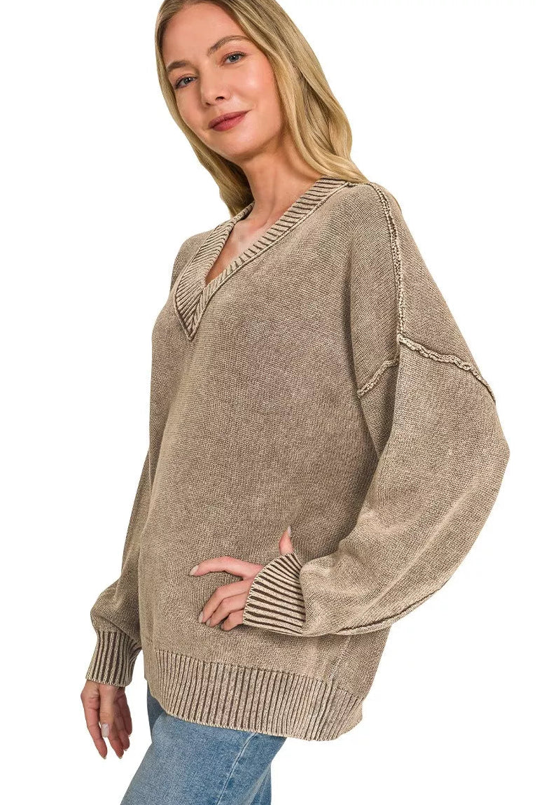 Zenana Washed V-Neck Oversized Sweater - Brown