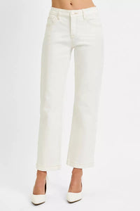 Risen Mid Rise Tummy Control Cream Ankle Straight Jeans
