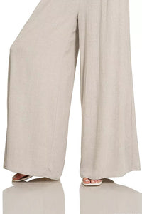 Zenana Smocked Waistband Wide Leg Pants in Sand Beige
