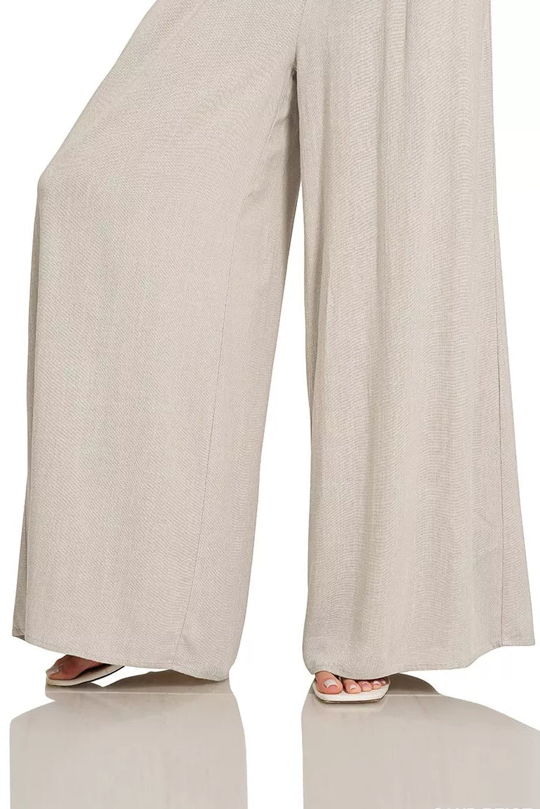 Zenana Smocked Waistband Wide Leg Pants in Sand Beige