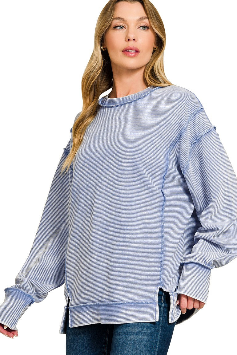 Acid Washed Double Ribbed Hi-low Pullover Sweatshirt in Marlin Blue
