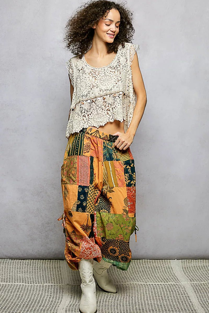POL Printed Patchwork Pants with Adjustable Side Drawstring
