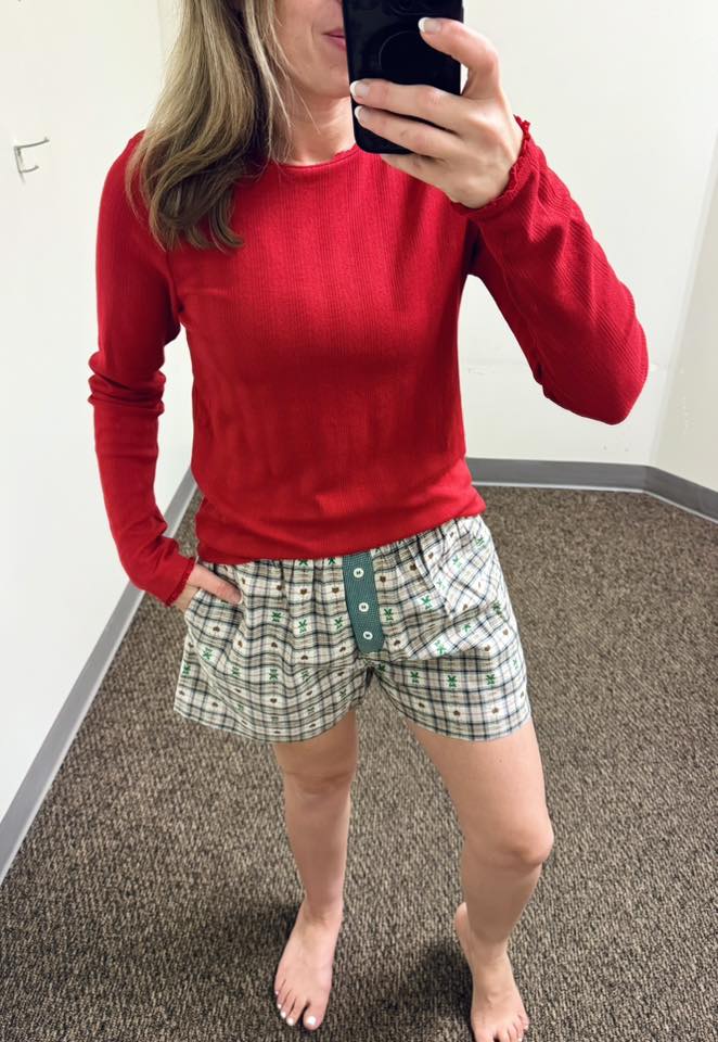 Wishlist Pointelle Knit Top in Cherry Red and Wishlist Teddy Bear Boxer Shorts