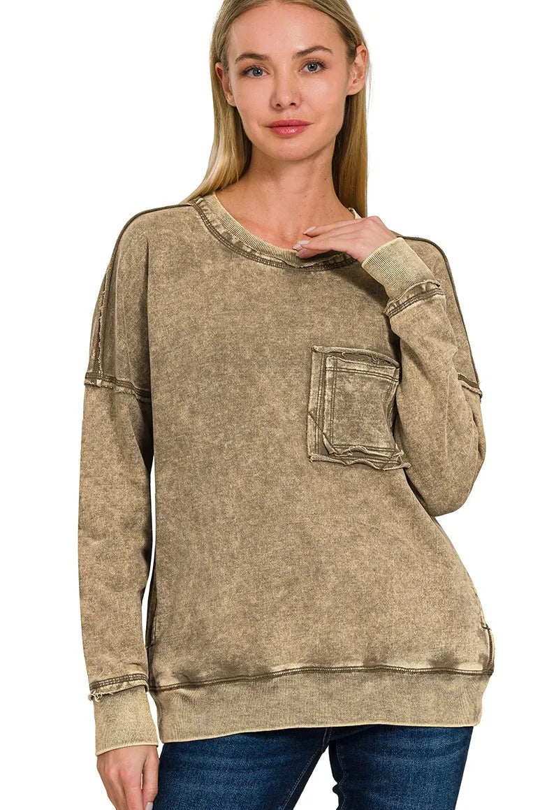 Zenana French Terry Washed Raw Edge Front Pocket Pullover Sweatshirt in Mocha