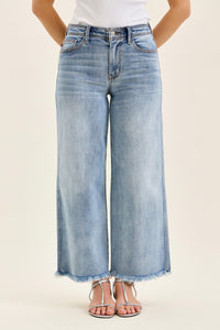 Judy Blue Mid Rise Ankle Wide Leg Fray Hem Jeans