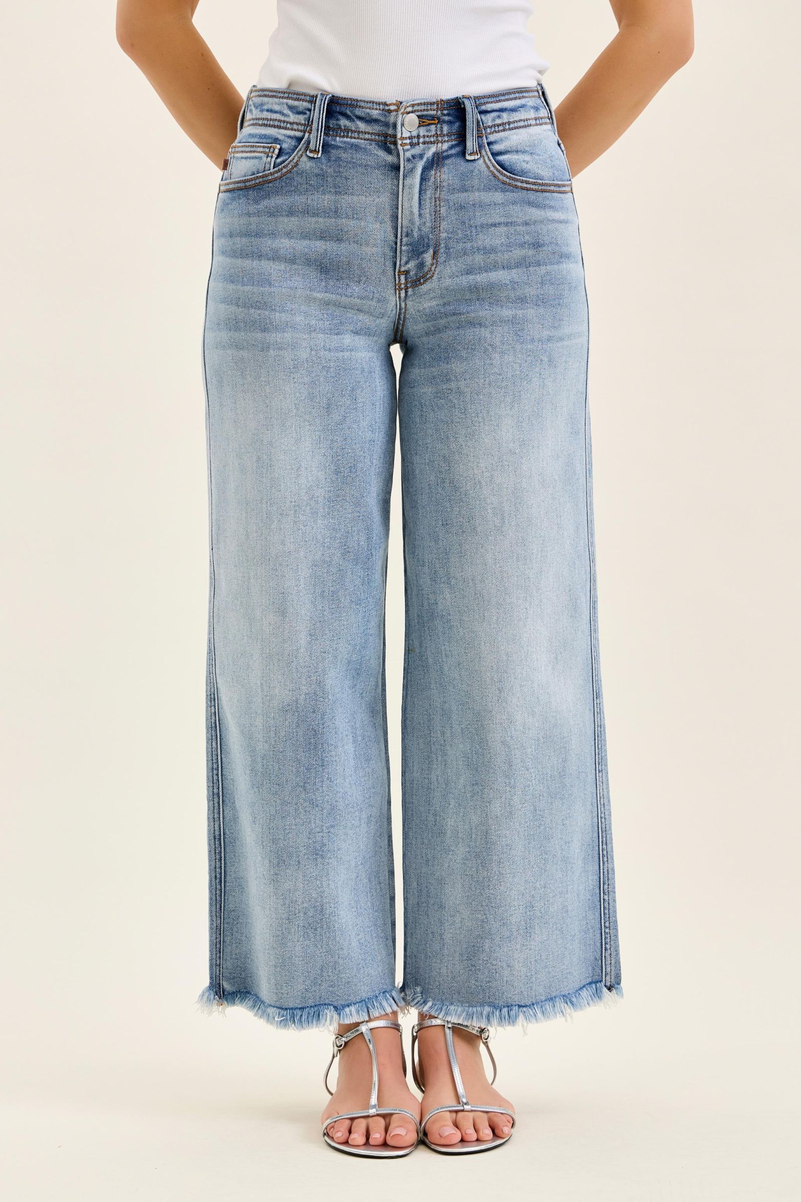 Judy Blue Mid Rise Ankle Wide Leg Fray Hem Jeans