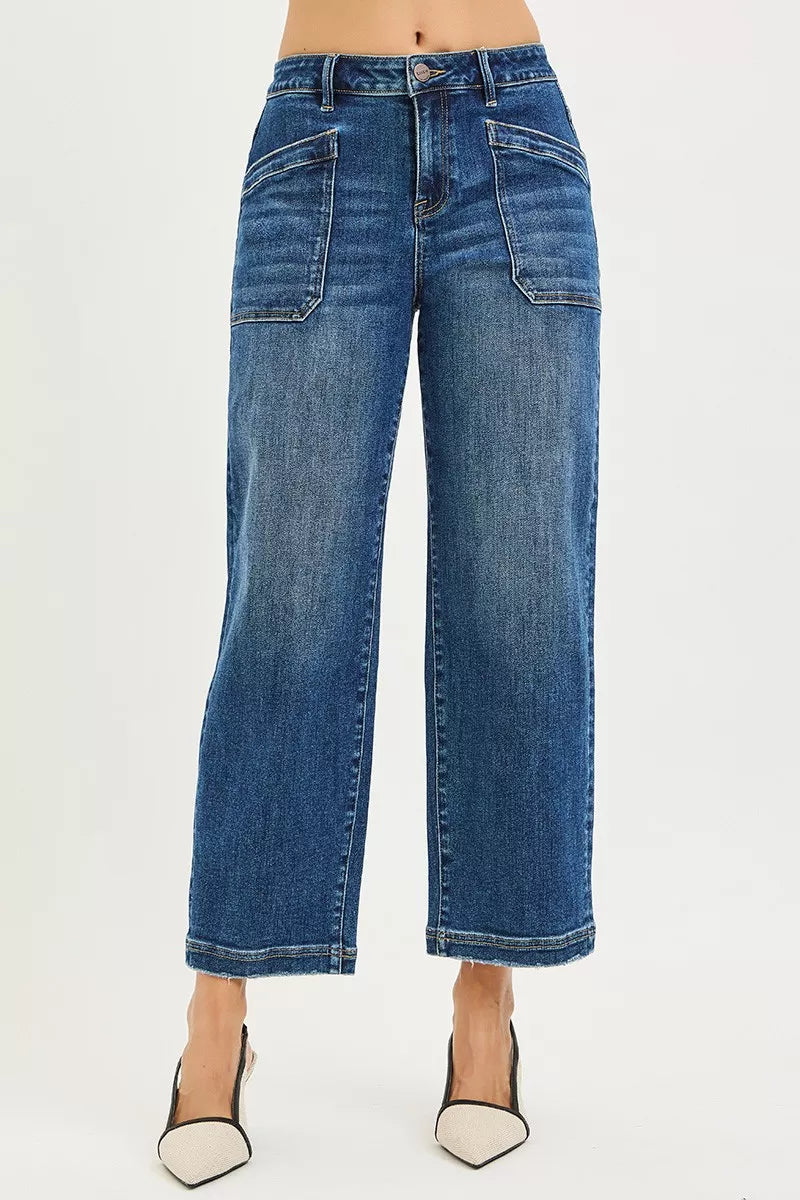 Risen Mid Rise Slouchy Cropped Baggy Patch Pocket Jeans