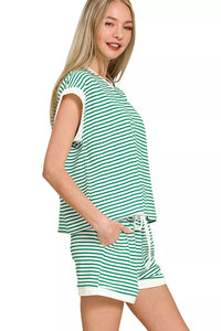 Zenana Stripe Contrast Trim Top & Shorts Set in Kelly Green
