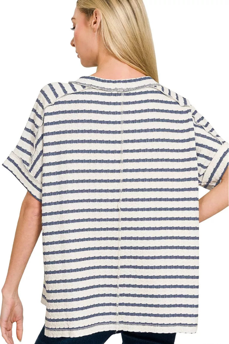 Striped Jacquard Round Neck Short Sleeve Box Tee