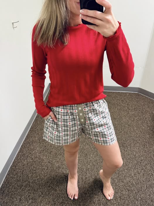 Wishlist Pointelle Knit Top in Cherry Red and Wishlist Teddy Bear Boxer Shorts