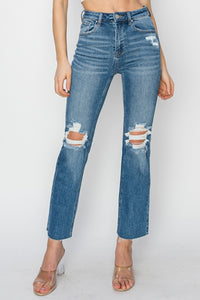 RISEN High Rise Distressed Raw Hem Straight Jeans