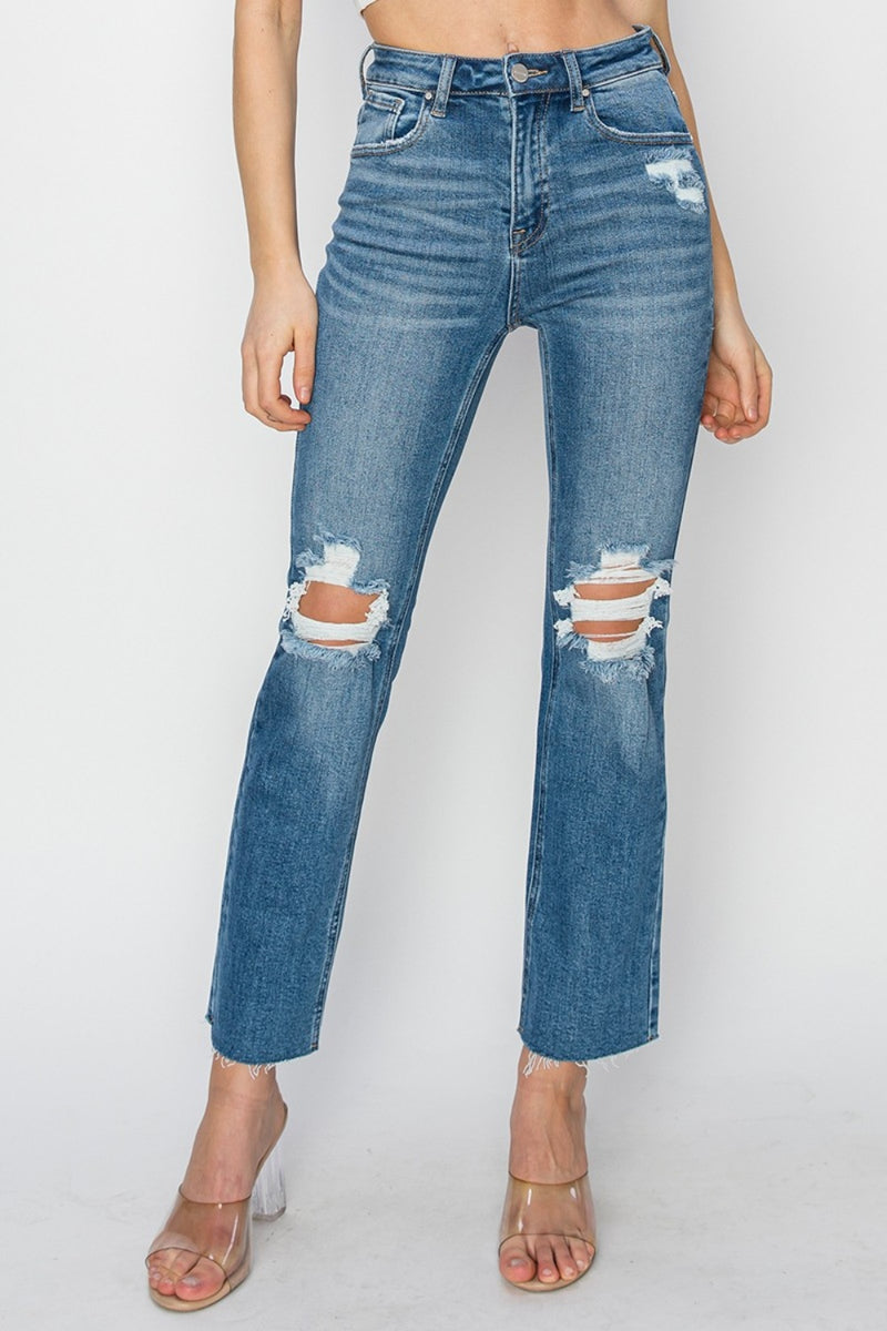 RISEN High Rise Distressed Raw Hem Straight Jeans