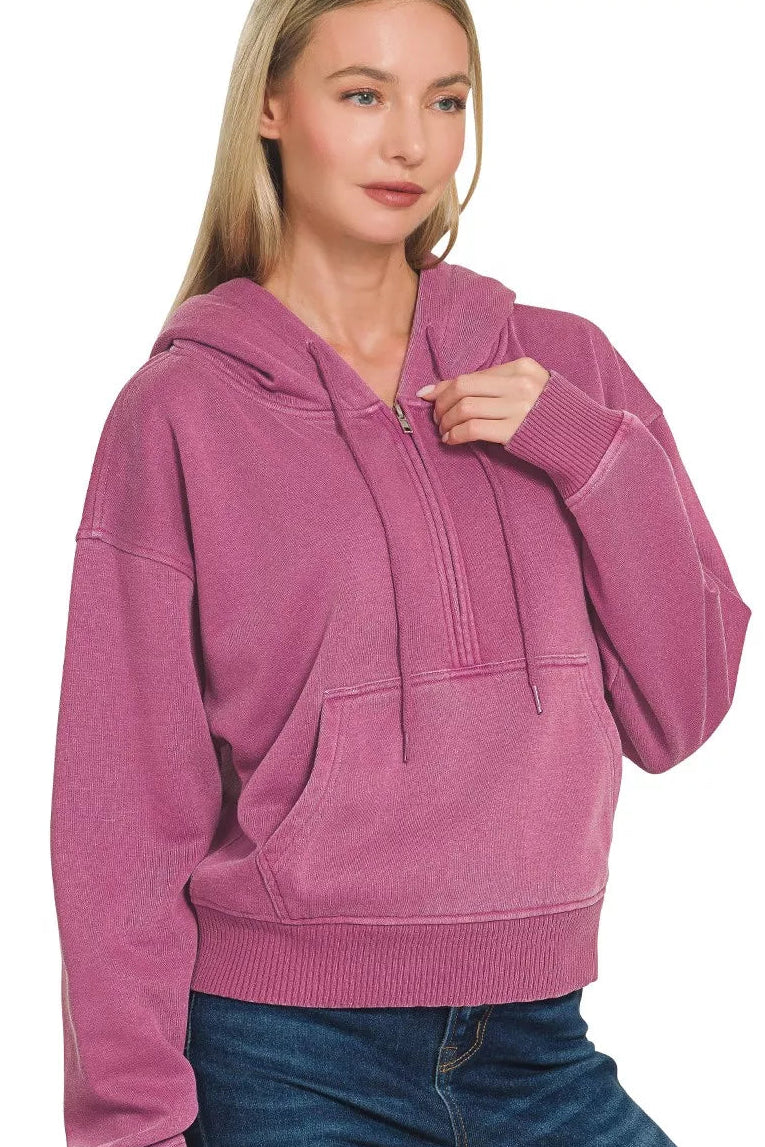 Zenana Fleece Pigment Dyed Half Zip Kangaroo Pocket Hoodie in Wine
