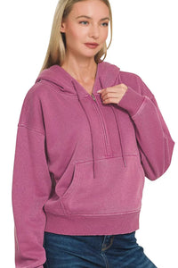 Zenana Fleece Pigment Dyed Half Zip Kangaroo Pocket Hoodie in Wine