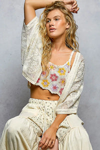 POL Open Front Crochet Cardigan with Floral Embroidery