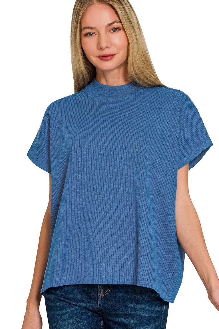 Zenana Viscose Mock Neck Short Sleeve Boxy Sweater Knit Top in Classic Blue