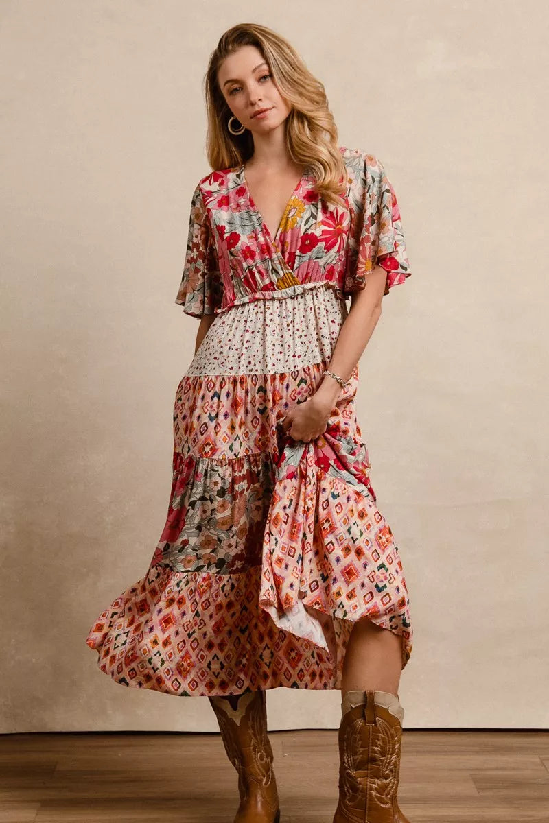 Bibi Floral Print Mix Midi Dress