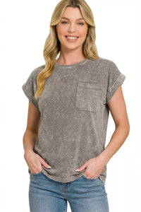Zenana Halo Washed Cotton Cuffed Short Sleeve Top in Ash Black