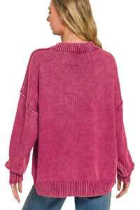 Zenana Washed V-Neck Oversized Sweater - Cabernet