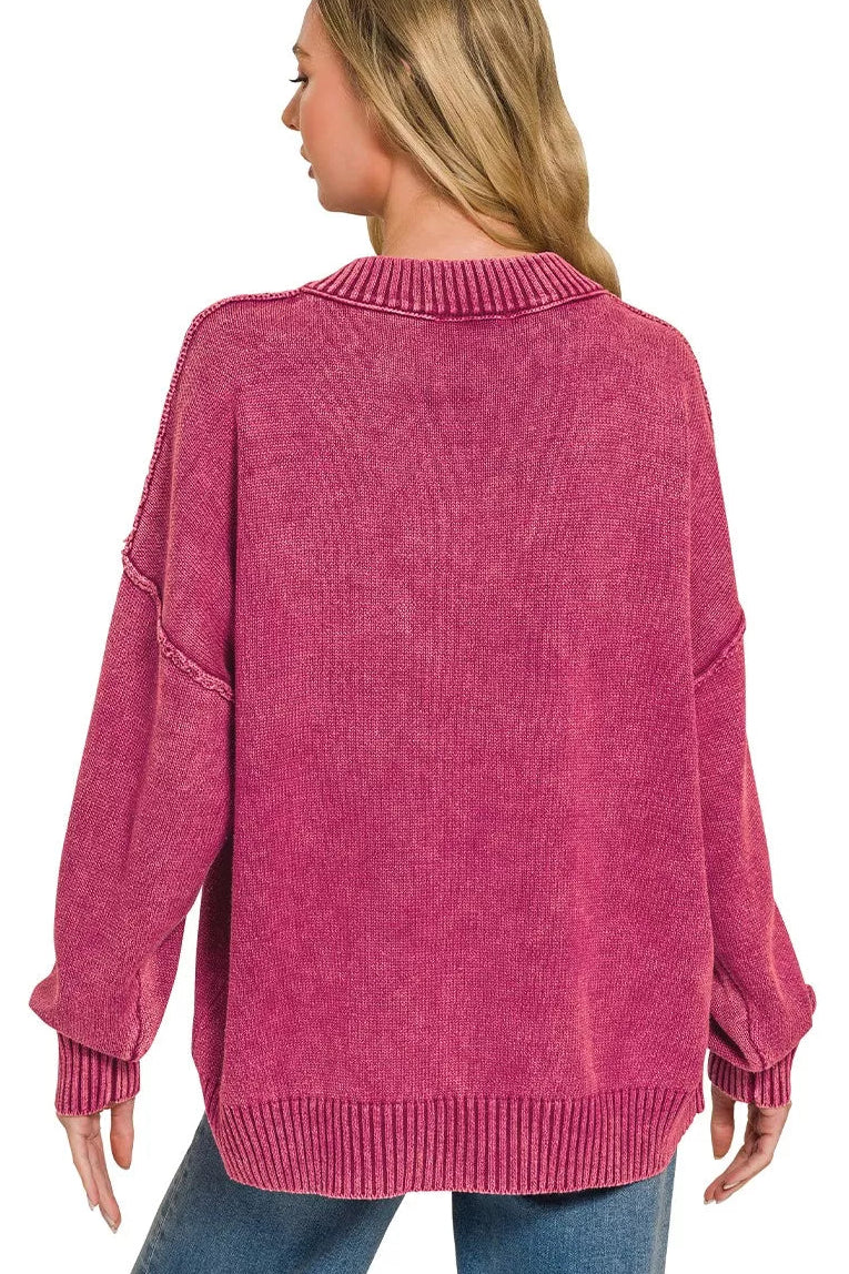 Zenana Washed V-Neck Oversized Sweater - Cabernet