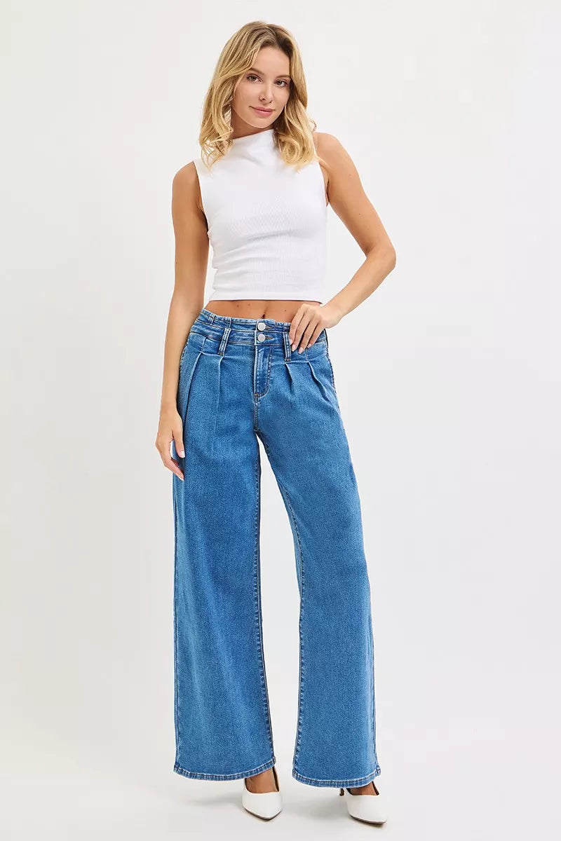 Risen High Rise Pleated Wide Leg Jeans