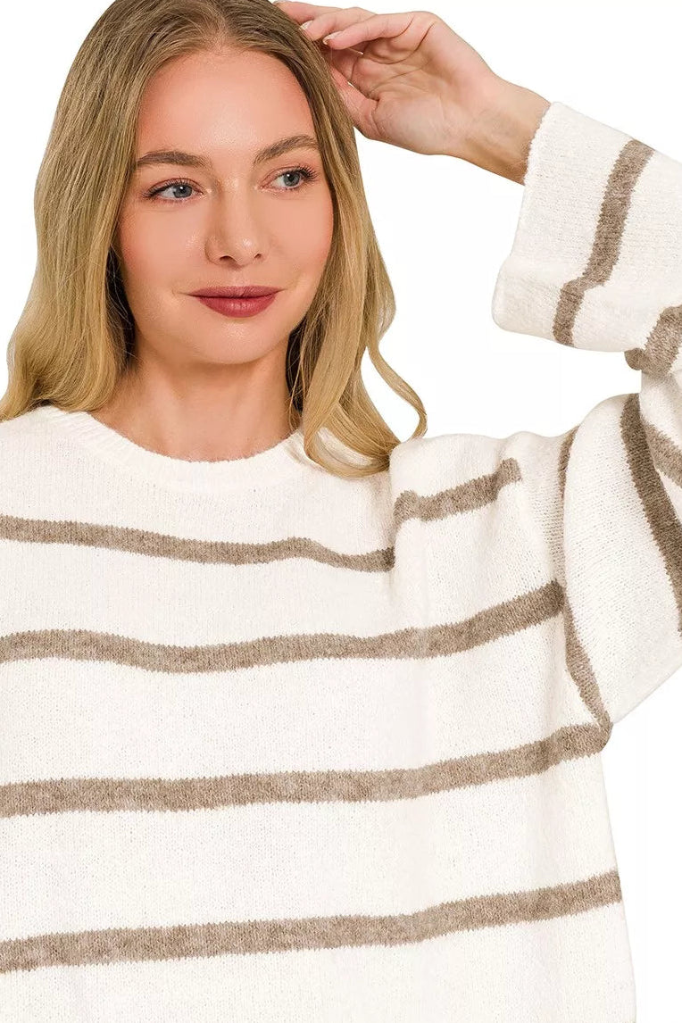 Zenana Striped Sweater in Heather Mocha