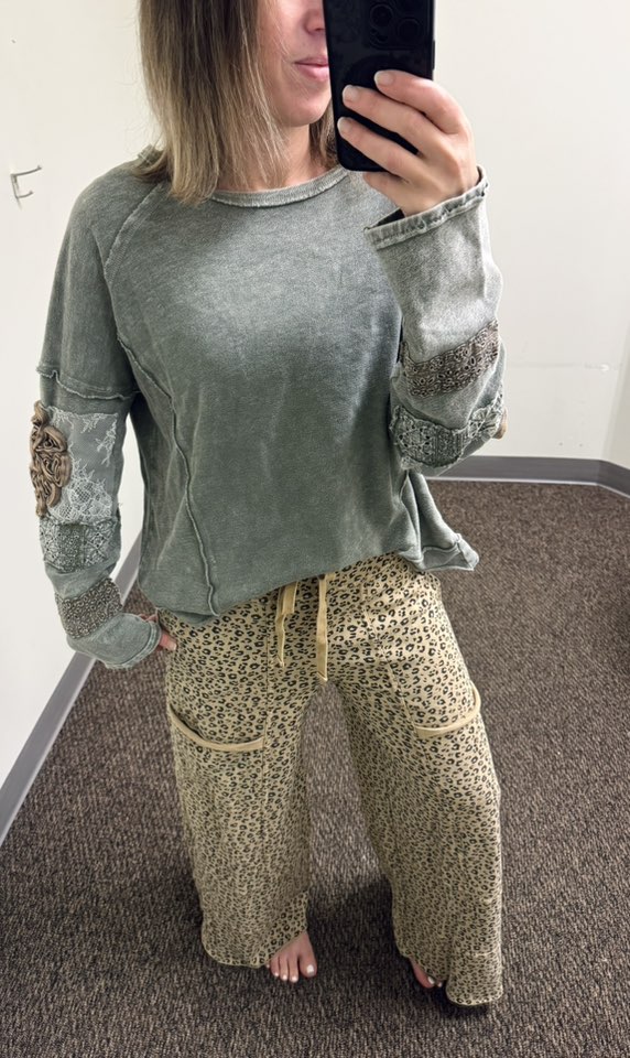 Easel Animal Print Mineral Washed Terry Knit Lounge Pants in Camel and Easel Inside Out Washed Terry Pullover - Faded Olive