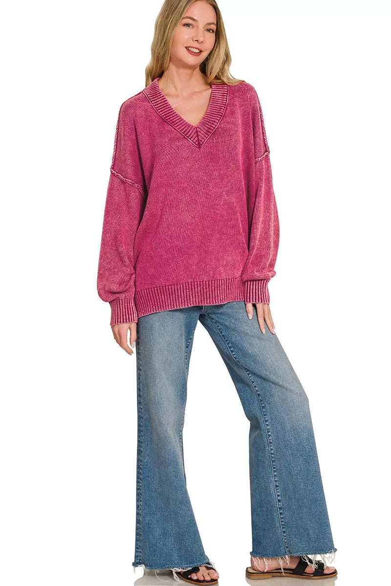 Zenana Washed V-Neck Oversized Sweater - Cabernet