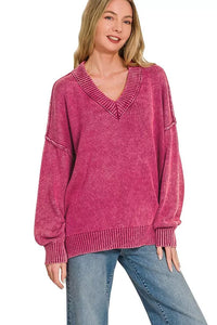 Zenana Washed V-Neck Oversized Sweater - Cabernet