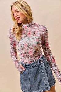 SO ME Floral Rose Print Mesh Sheer Layering Top