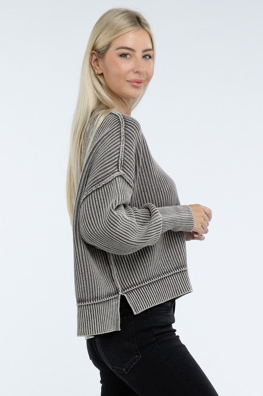 Ribbed Exposed Seam Round Neck Dropped Shoulder Sweater