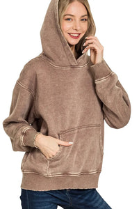 Zenana Fleece Mineral Wash Basic Hoodie in Brown