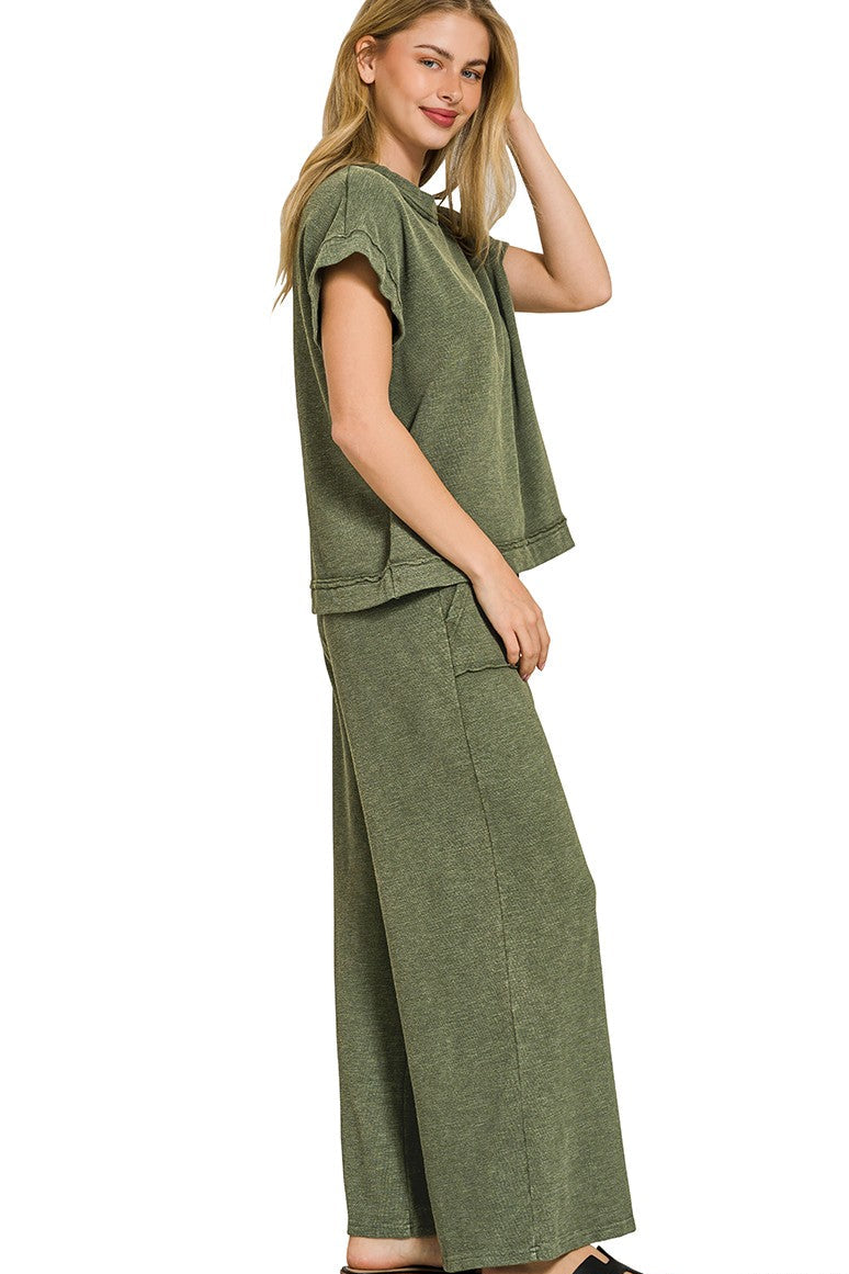 Zenana Cotton Slub Short Sleeve Tee and Pants Set in Dark Olive