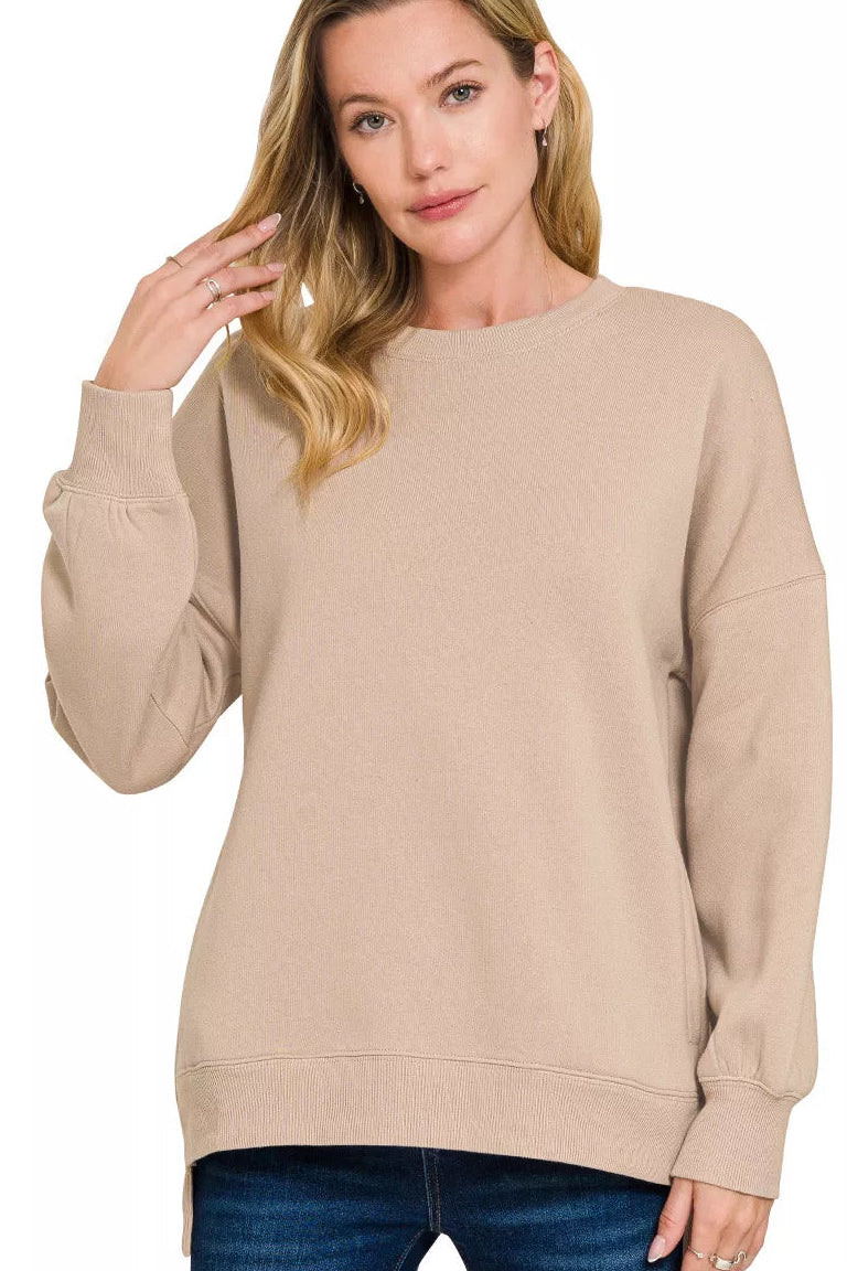 Zenana Fleece Hi-Low Boyfriend Sweatshirt with Pockets - Ash Mocha