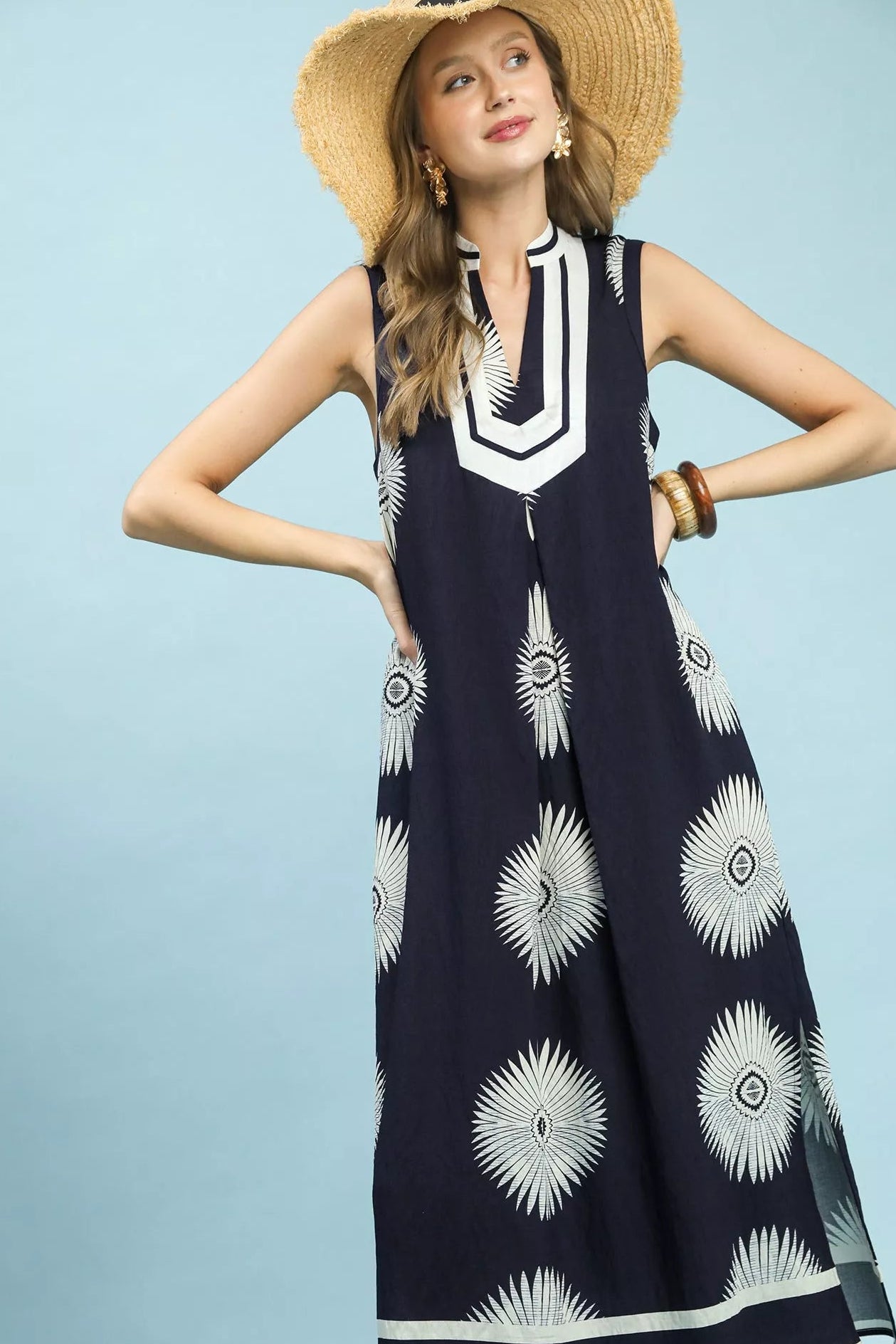 Umgee Geometric Midi Dress in Navy